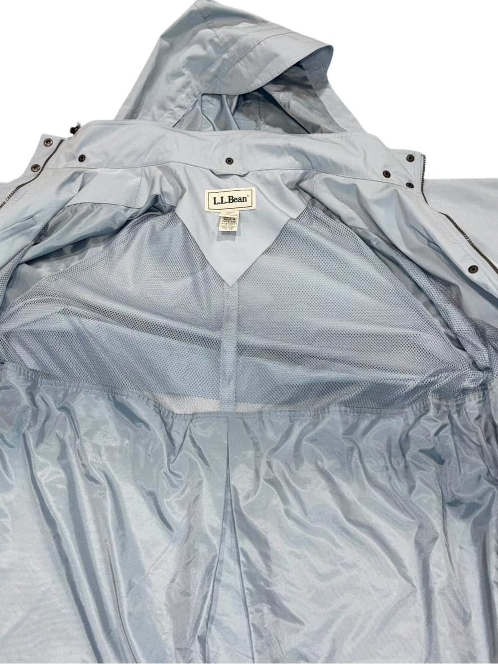 Vintage 80s L.L. Bean Full Length Raincoat Light Blue Hooded Long Trench Coat XL - Picture 7 of 16